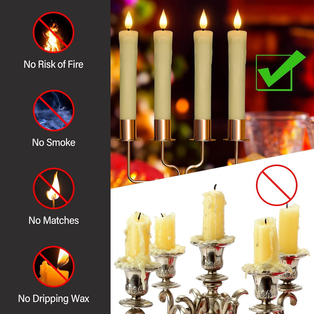 PChero 6.4" Battery Operated Taper Candles, Ivory Drip Wax Shape, 6 Pcs