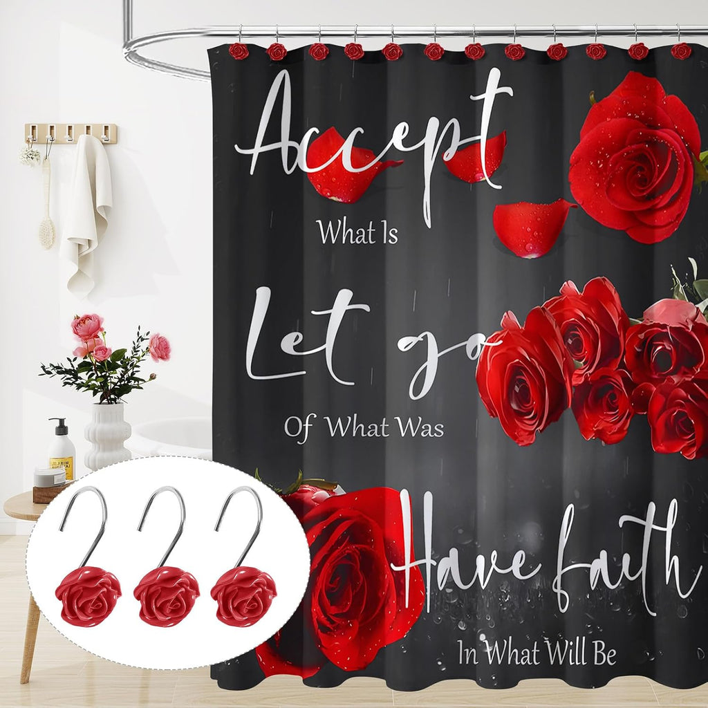 Cute Rose Floral Shower Curtain Hooks Rings for Bathroom,Red 12PCS