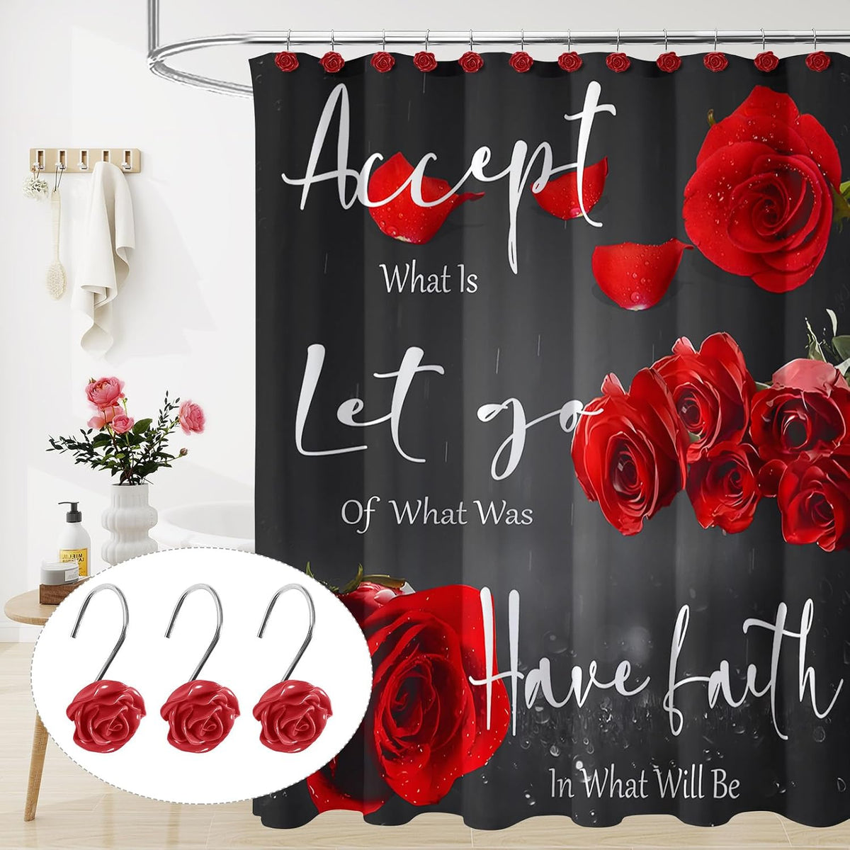 Cute Rose Floral Shower Curtain Hooks Rings for Bathroom,Red 12PCS