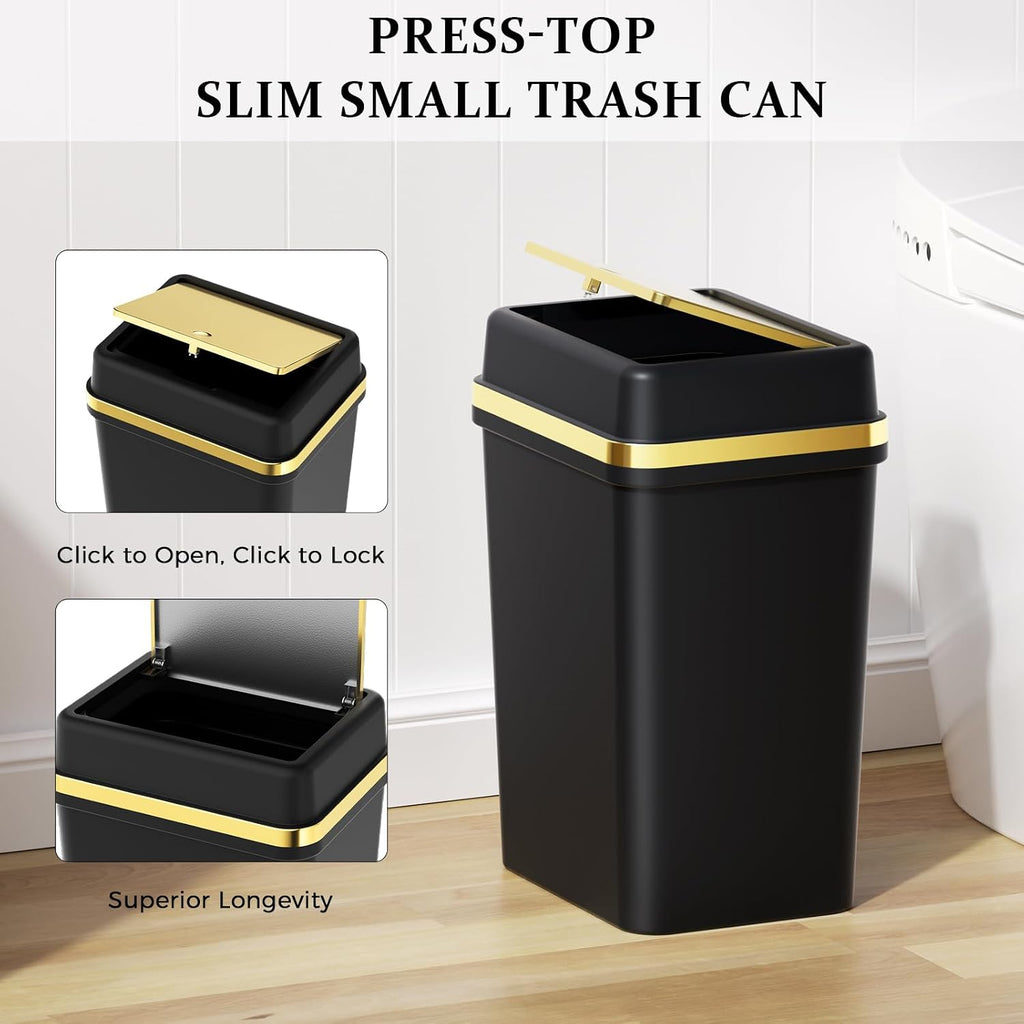 3 Pack Bathroom Trash Can with Lid 4 Gallon Small Trash Can with Press Top Lid Bathroom Garbage Can with 150 Counts Trash Bags for Kitchen Bedroom Office(Black Navy Blue Dark Green)