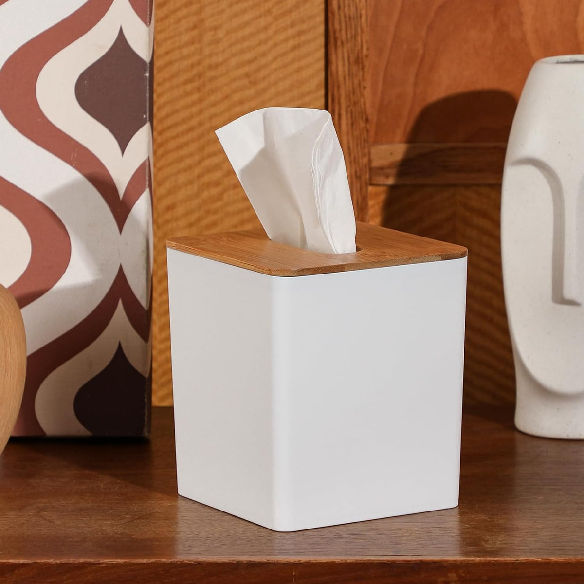 Tissue Box Cover Square, White, with Bamboo Lid, 1 Pack