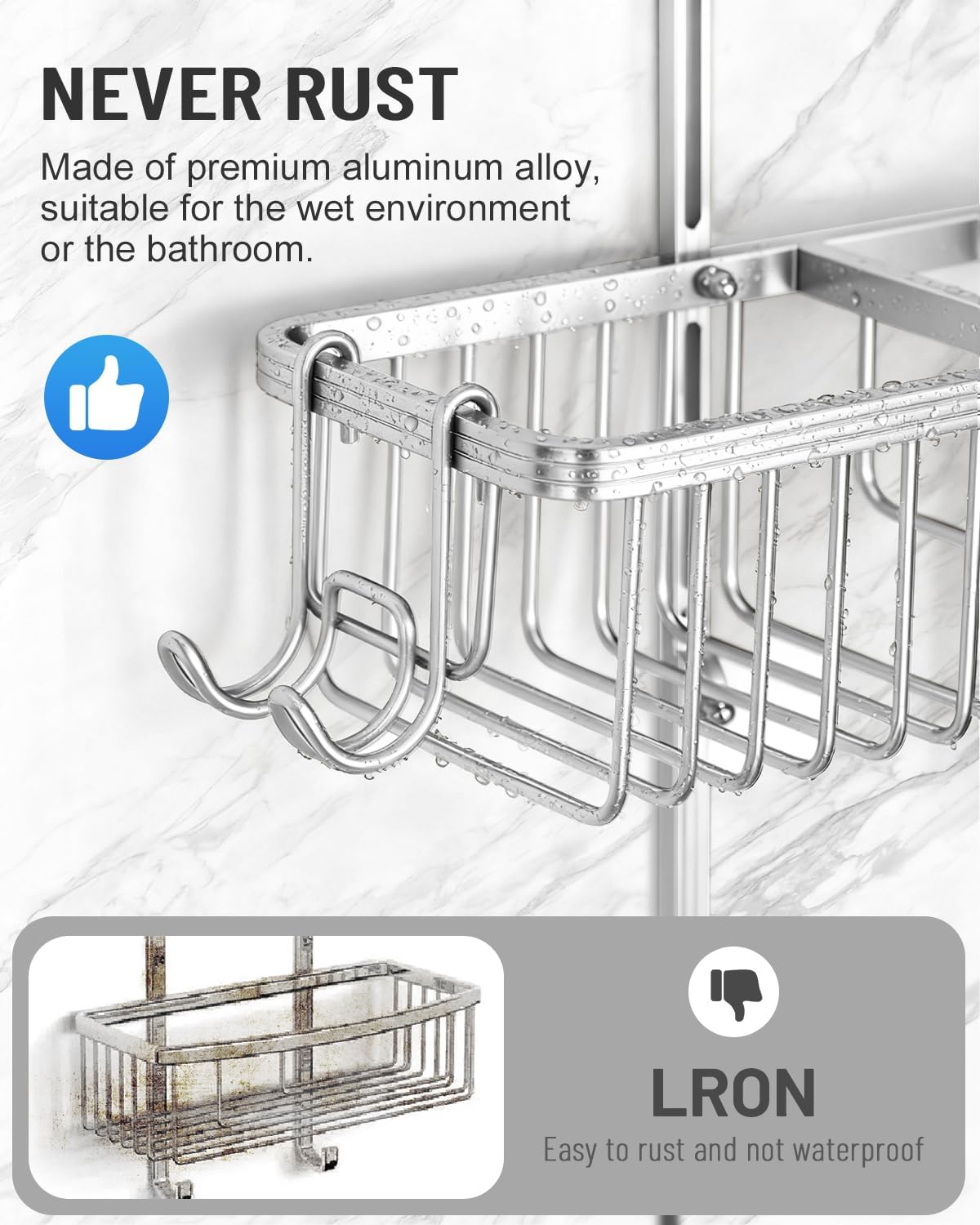 Adjustable Shower Caddy Hanging for Handheld Showerheads - Never Rust Shower Hanging Organizer, Upgraded Bathroom Shower Rack with Soap Basket, Hooks and Toothbrush Holder (Silver)