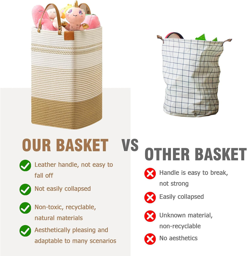 danpinera 100L Nursery Hamper, Tall Woven Laundry Basket with Long Leather Handles, Boho Laundry Hamper for Living Room & Bedroom, Eco-friendly & Convenient Decorative Storage Basket White & Jute