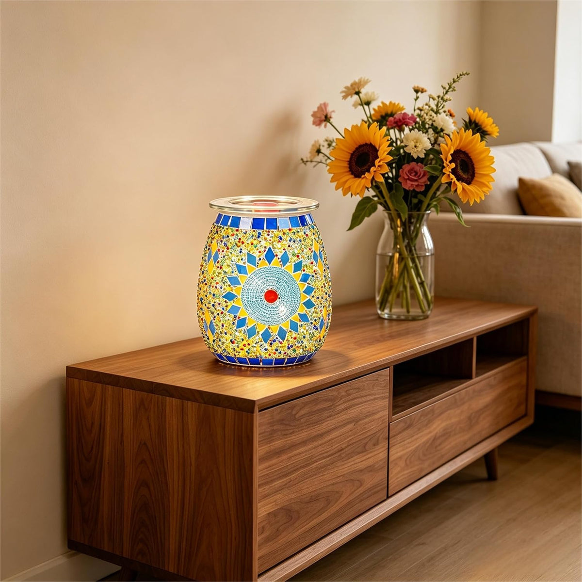 Dicimi Electric Candle Warmer, Mosaic Sunflower Design Wax Melt Warmer with Warm Night Light, No Flame Candle Warmer Lamp for Home Decor, Wax Melter for Scented Wax, Safe Wax Warmer for Aroma Gift
