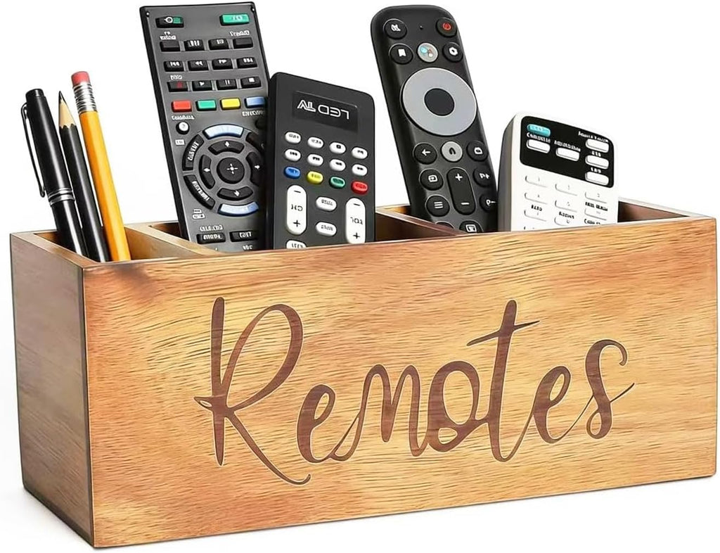 Remote Control Holder, Farmhouse Wood TV Organizer for Table, Wooden Remote Control Organizer, Remote Storage Caddy, Remote Control Organizer (Brown, 9.8 Inch Labeled Remote)