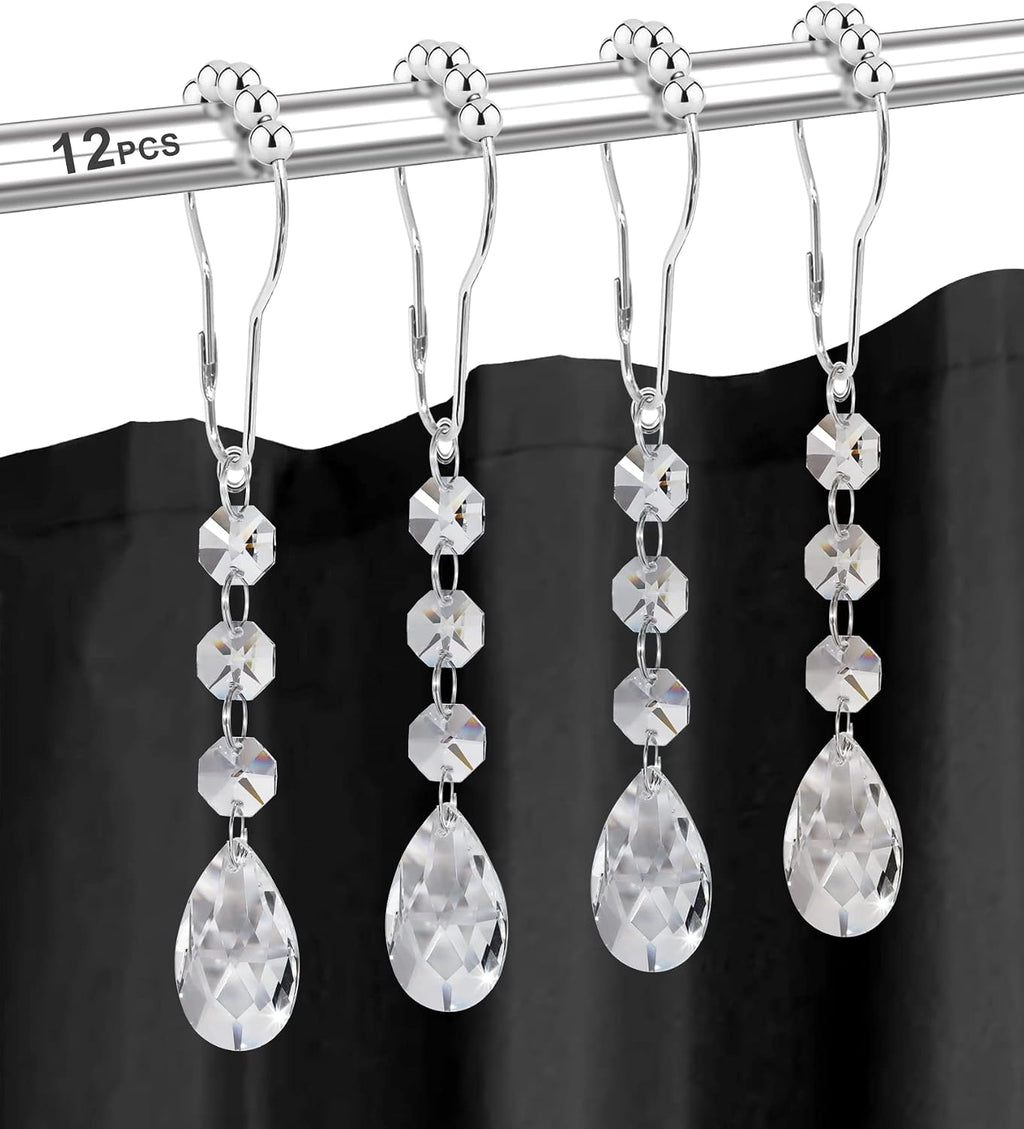 Shower Curtain Hooks Rings for Bathroom, 12PCS Gemstone Crystal Bead Water Drop Stainless Steel Rust Resistant Clear Shower Curtain Rings (Clear)