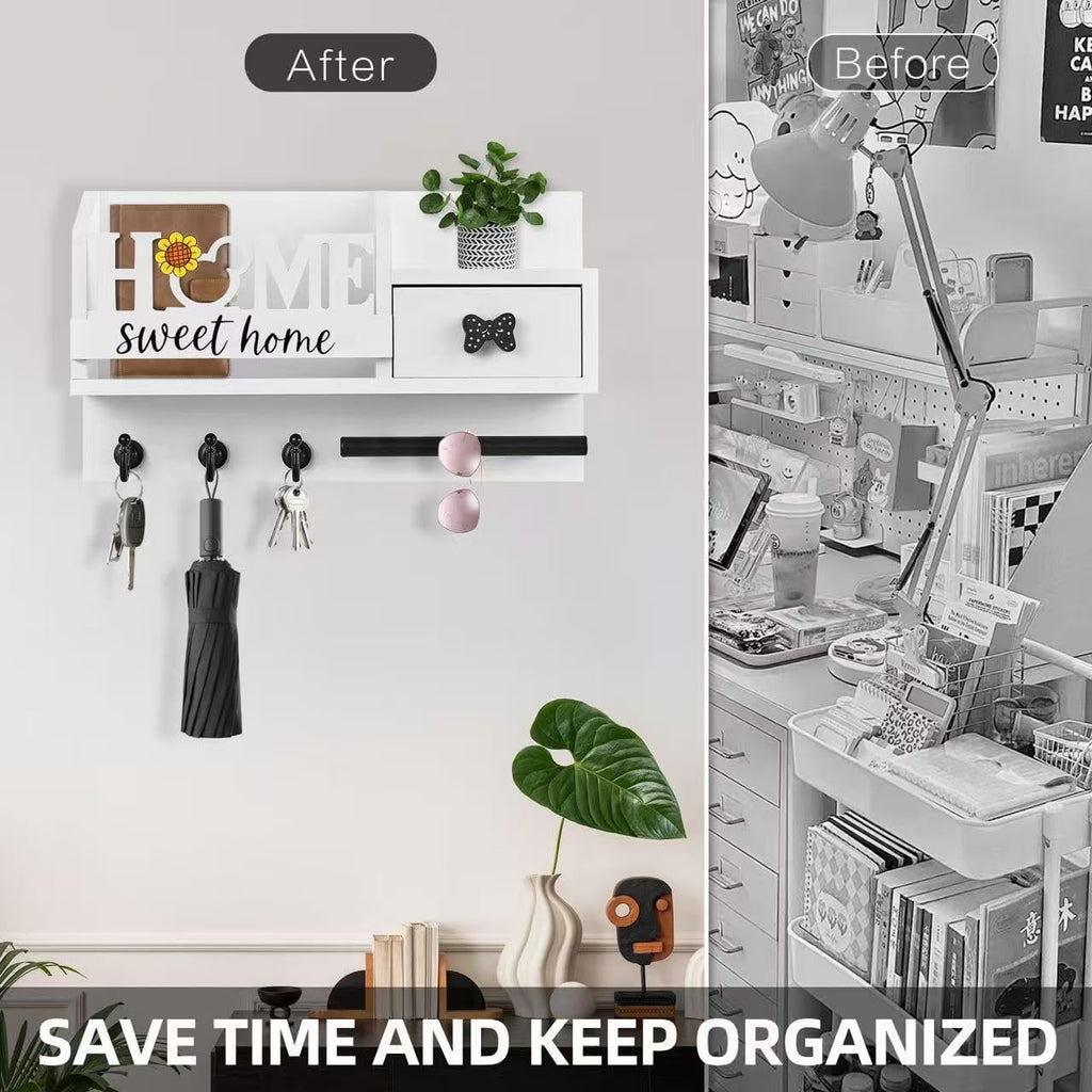 AIRPOP Key Holder Wall Mount-Home Sign Mail and Key Organizer for wall with 3 Hooks and Storage Drawer, Easy Installation Key Rack Hanger for Entryway Living Room House Decor (White)