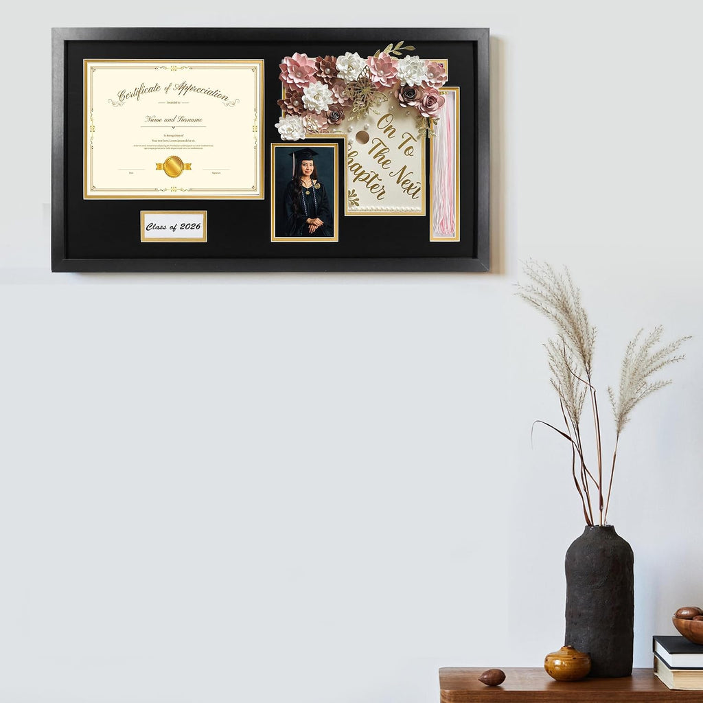 14x26 Black Shadow Box Diploma Frame with Graduation Cap & Tassel Holder for 8.5x11 Diploma and 4x6 Photo with MDF Wood and Plexiglass, Black Over Gold Mat for Wall, Graduation Keepsakes