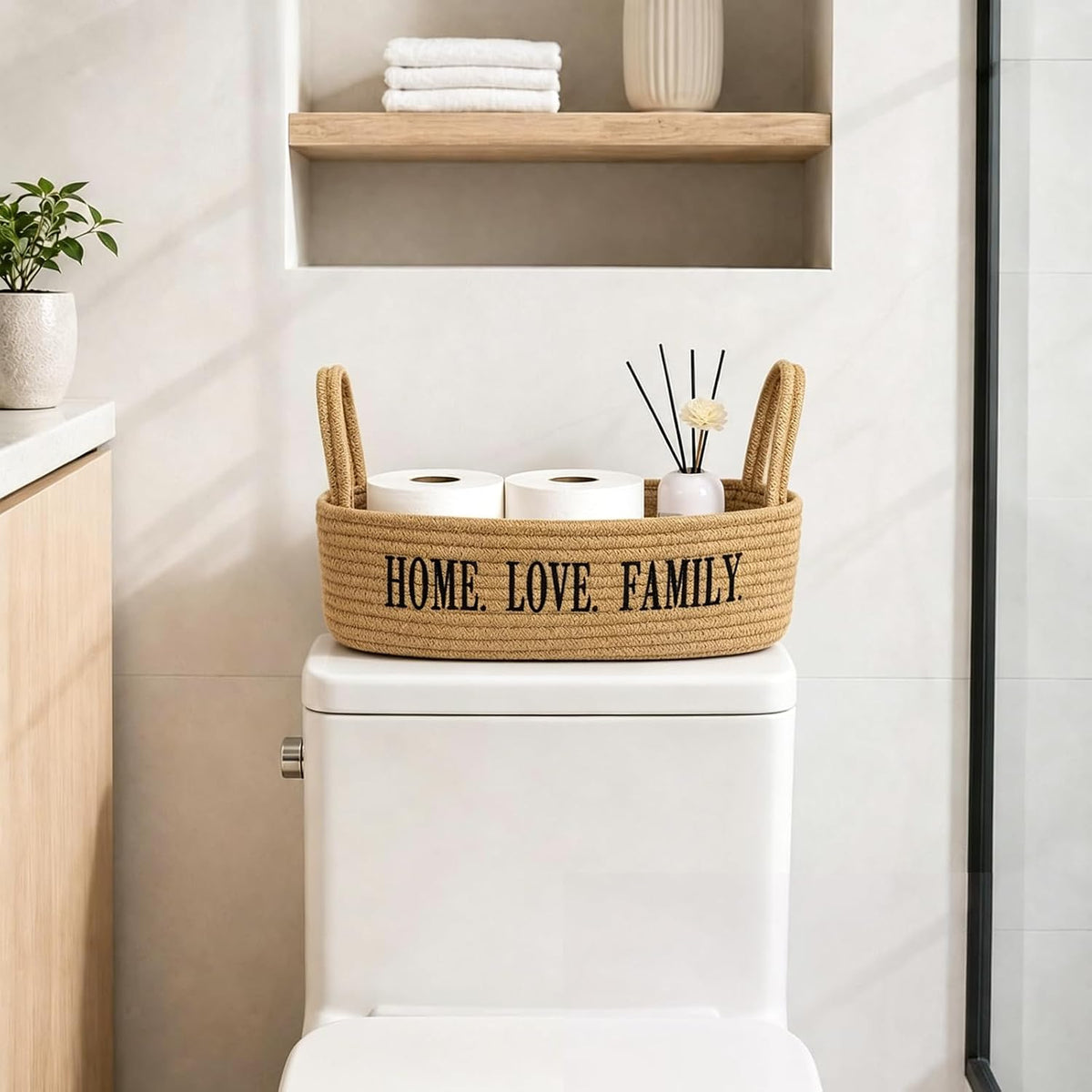 2 Pack Cotton Rope Storage Baskets, Toilet Tank Basket with Handles, "HOME. LOVE. FAMILY" Embroidered Bathroom Organizer Bin, Rectangular Woven Storage Basket for Bathroom, Shelves, Countertop, Vanity