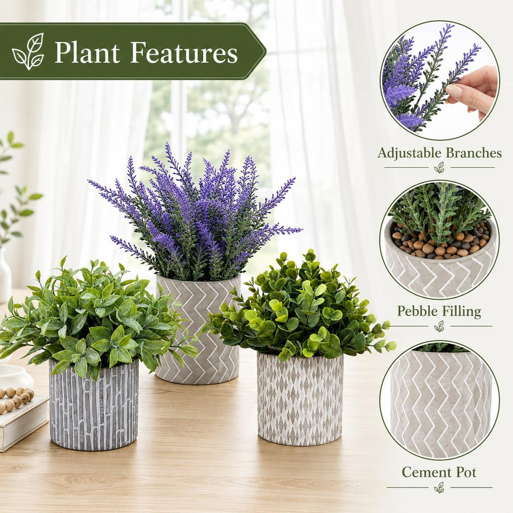 Faux Plants Indoor, Set of 3 Lavender Eucalyptus in Cement Pots