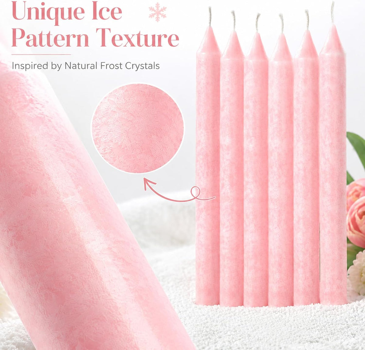 Pink Taper Candles 6 Pack,10 Inch Ice Flower Palm Wax Dripless Candlesticks