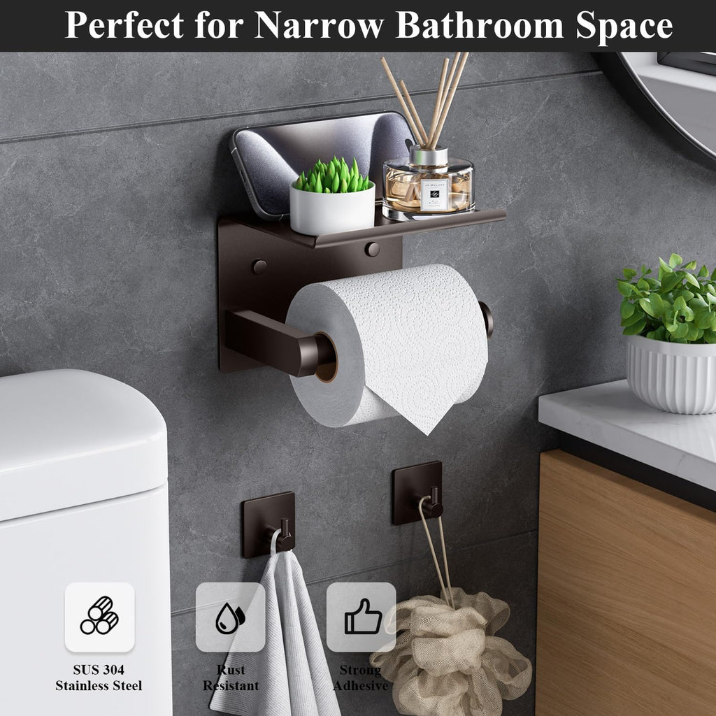 Tindbea Toilet Paper Holder with Phone Shelf + Towel Robe Hooks, Adhesive or Screw Wall Mounted Toilet Paper Roll Storage Dispenser, Stainless Steel Bathroom Tissue Roll Holder (Bronze)