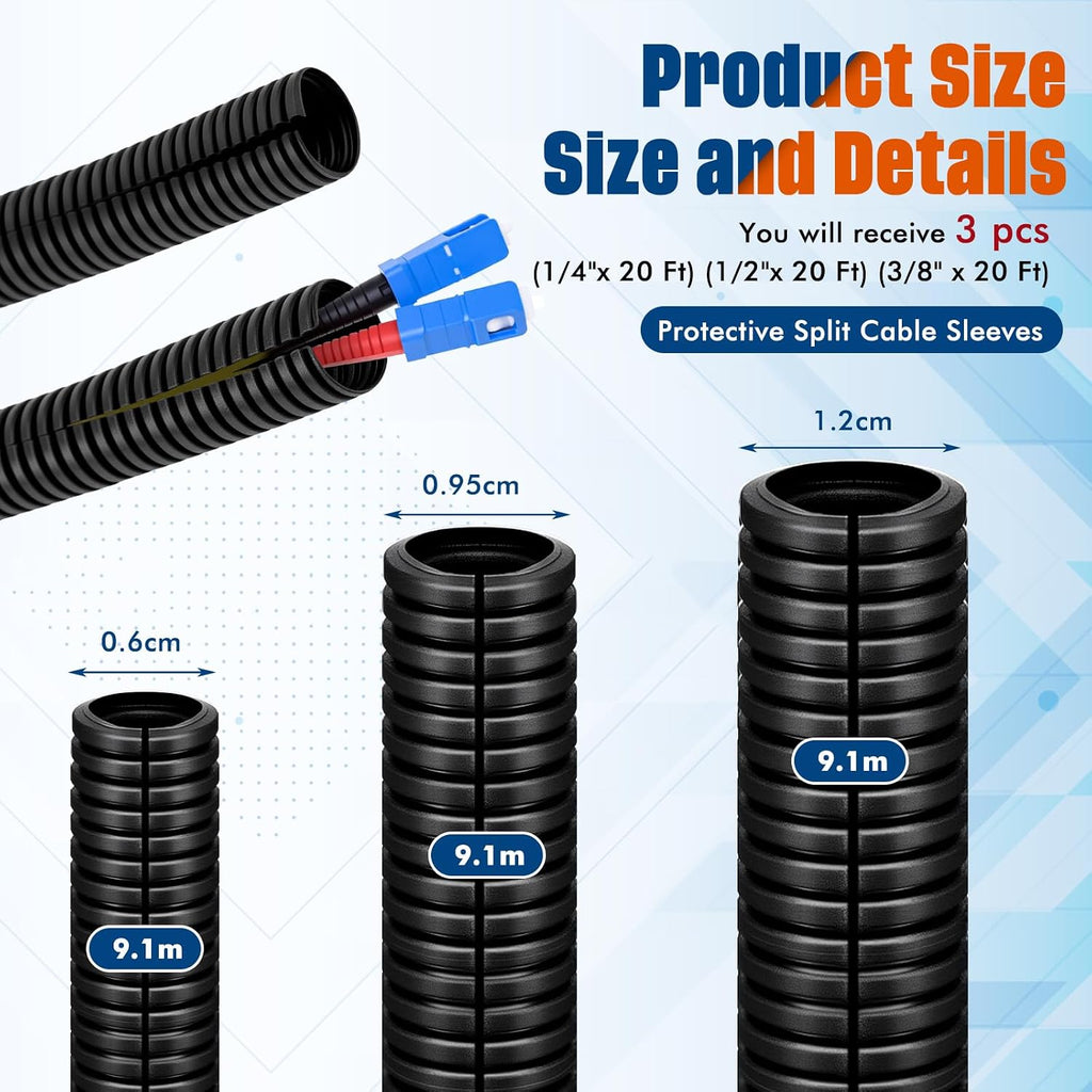 Sasylvia 1/4",3/8",1/2"-20ft x 20ft Split Wire Loom Tubing Cable Sleeves