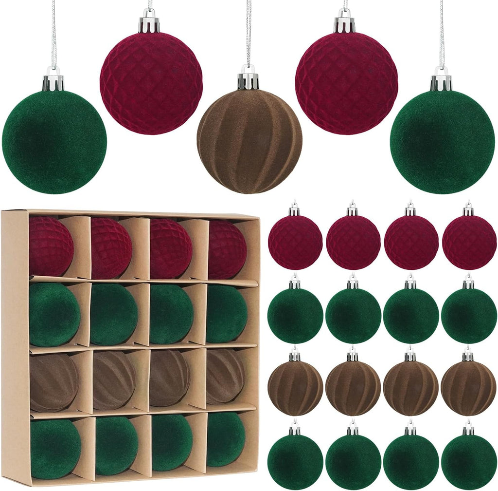 Artmag 16 Pcs Velvet Christmas Balls Hanging Ornaments Set, Shatterproof Plastic Flocked Christmas Tree Balls Xmas Decorations Festival Holiday Party Decor (Red,Green,Brown,2.36 Inch)
