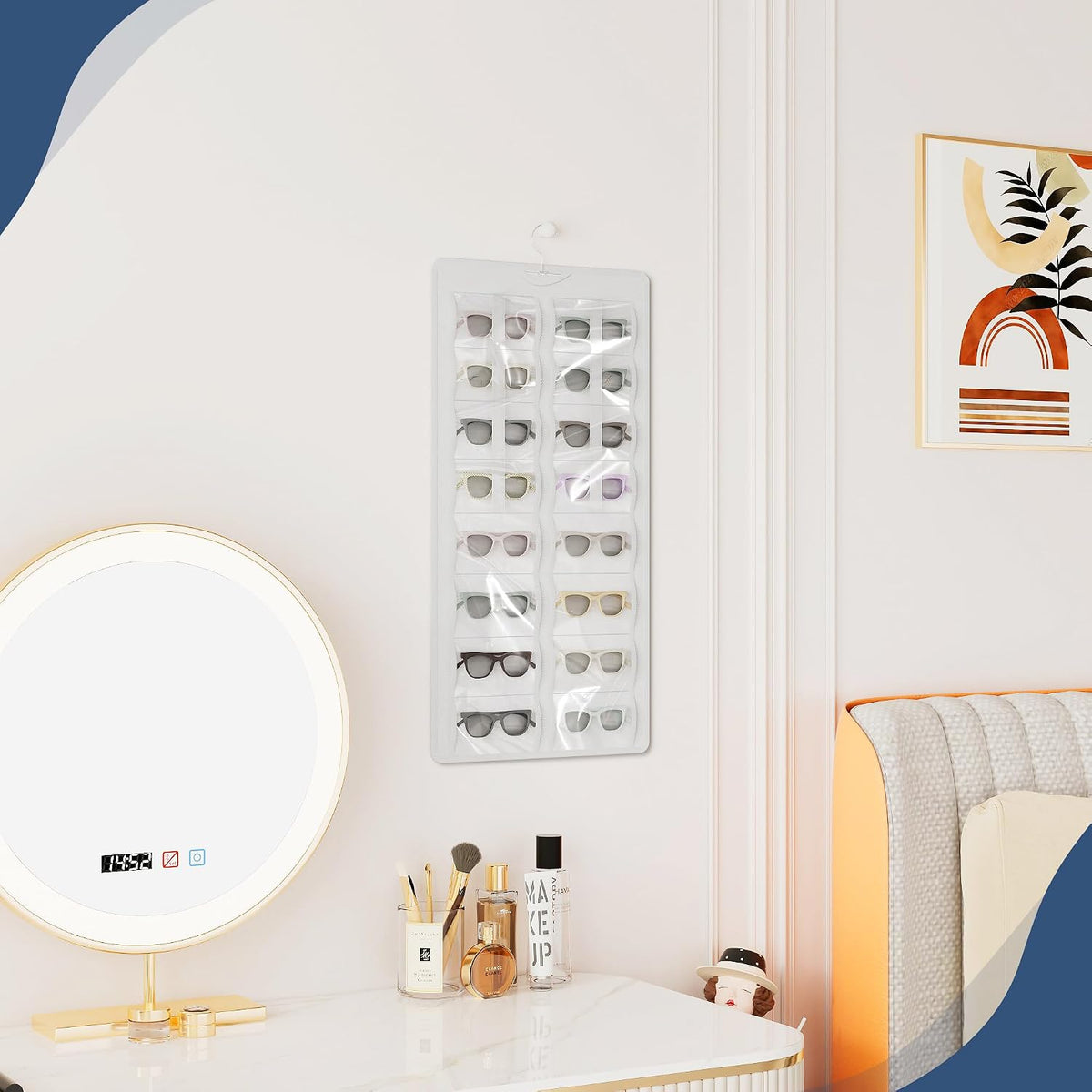 Hanging Sunglasses Organizer and Storage, 32 Slots Jewelry Holder, White