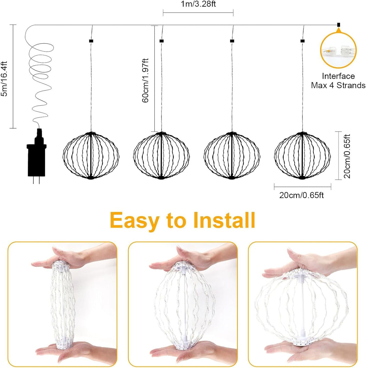 Ating Outdoor String Lights Waterproof - 4 Pack 8in Hanging Ball Lights (324 LEDs/Warm White)8 Modes &Timer,IP65 Hanging Connectable Globe LED Outdoor Lights for Backyard, Bistro,Porch,Deck,Balcony