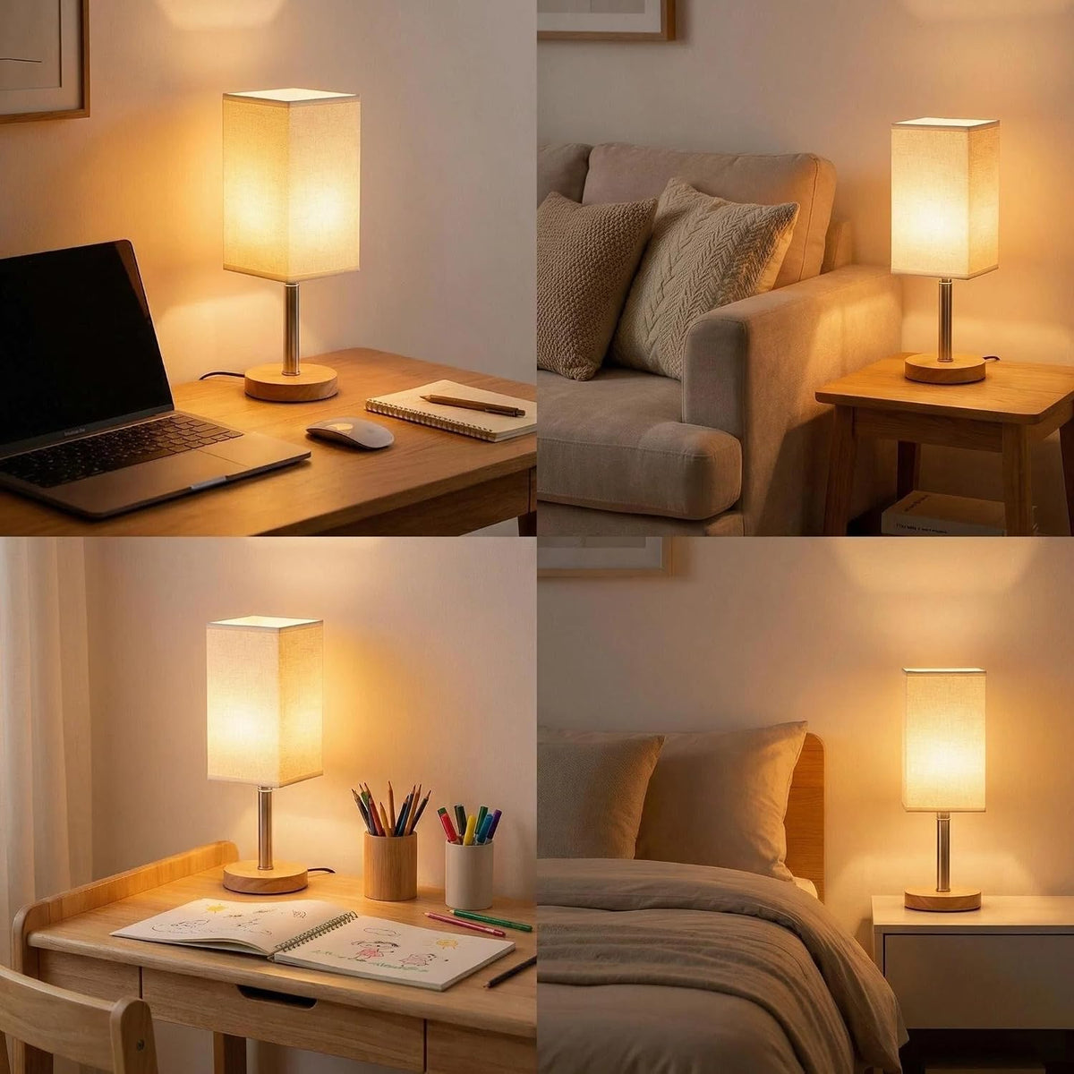 Small Table Lamp for Bedroom, Bedside Lamp with 3000K Warm LED Bulb Included, Nightstand Lamp for Living Room Office Dorm Kids Room, Easy Assemble Minimalist Cream Shade & Wood Base(5W)