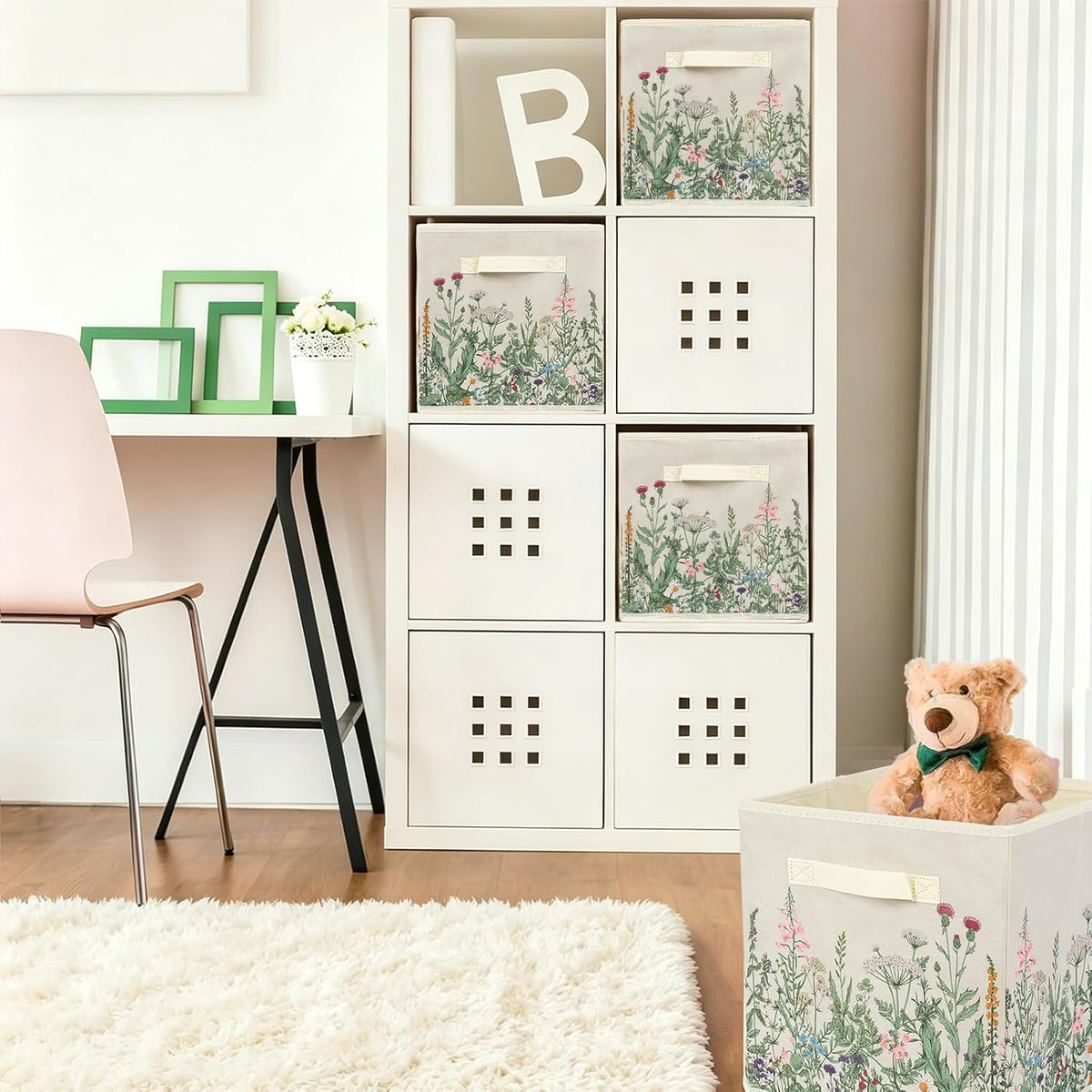 6 Pcs Wild Floral Cube Storage Bins 12.5 Inch Flower Storage Basket with Handle, Beige Collapsible Fabric Box for Classroom Bedrooms Office Home Decoration