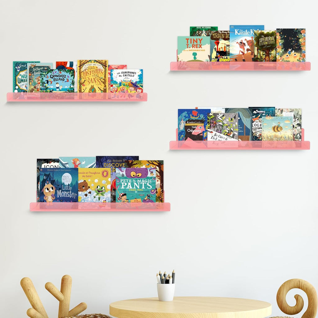 Dezzer 6 Pack Acrylic Shelves for Wall, 15" Acrylic Floating Shelves for Bathroom Bedroom, Invisible Bookshelf Wall Ledge Storage Shelf Books Perfume Toys Action Figure Display Shelves, Pink