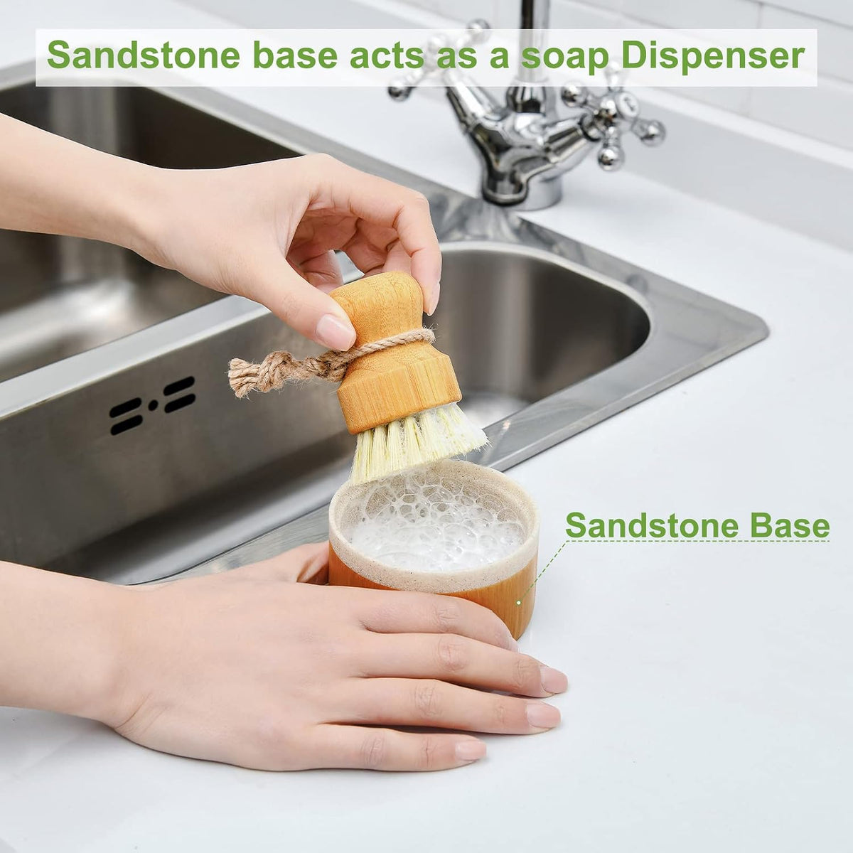 SUBEKYU Bamboo Dish Scrub Brush,Produce Brush,2 Pack with Holder