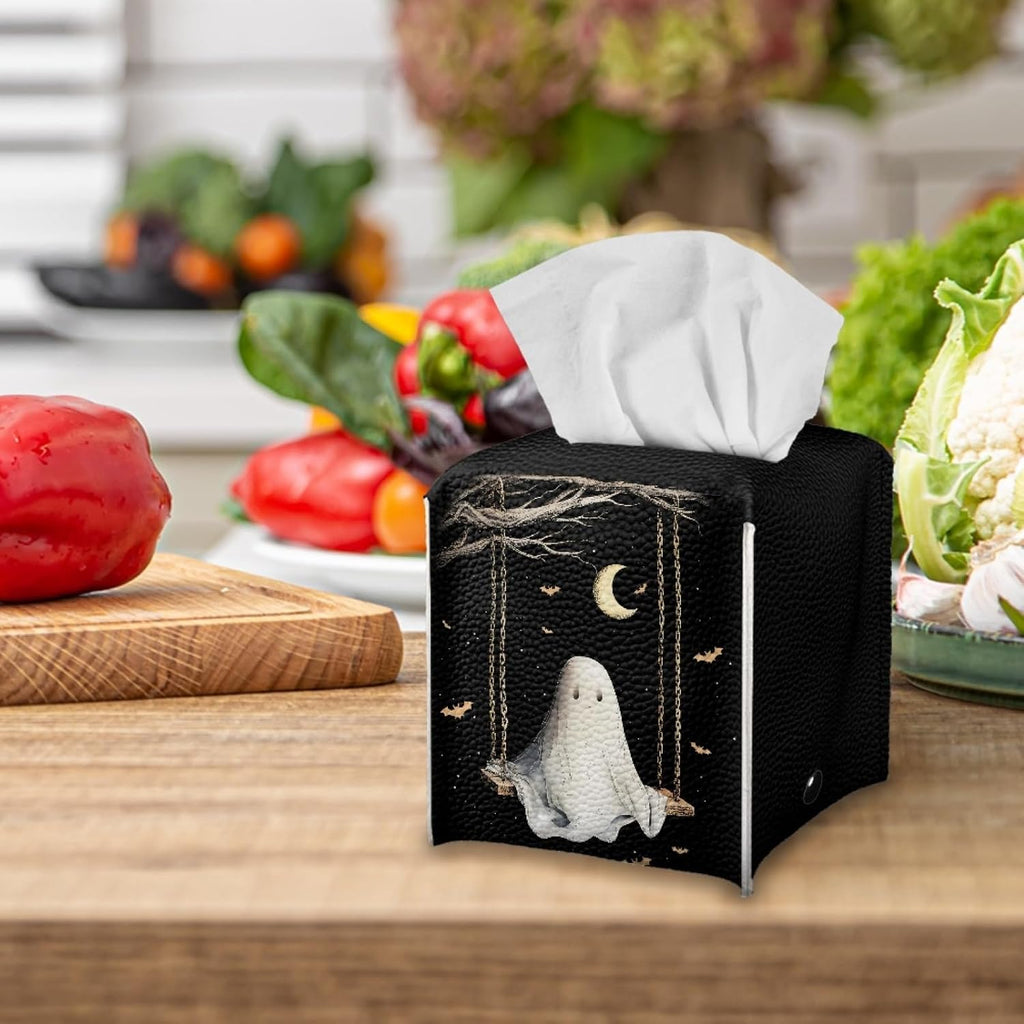 Cute Ghost Tissue Box Holder Square PU Leather Tissues Cube Box Cover Modern Decorative Halloween Decor Facial Napkin Holder Case for Car Kitchen Bedroom Bathroom Black