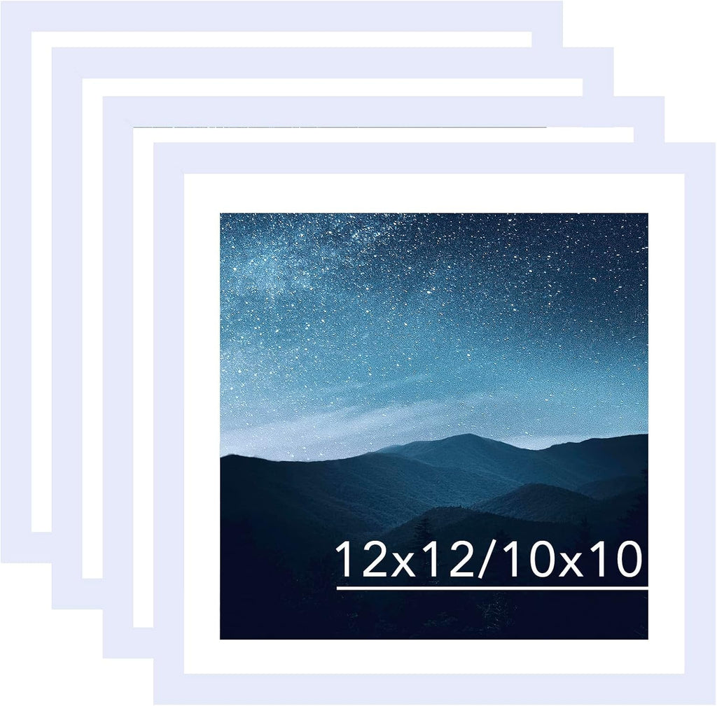 JCJMY 12x12 Picture Frame Set of 4 White with 10x10 Mat for 30 x 30cm Diamond Art Painting, Display Photo 12 x 12 Without Mat, Wall Hanging Large Frame with Plexiglass, 4 Pack