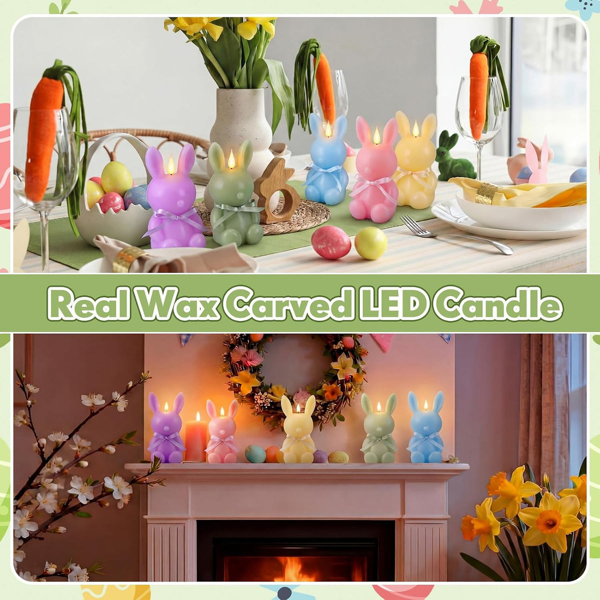 Baquler 5 Pcs Large Easter Bunny Led Flameless Candle 8 Inch Battery Operated Candles with Remote Real Wax Cute Rabbit Shape Candle with Bow 3D Flickering for Gift Home Party Decor (Spring Colors)