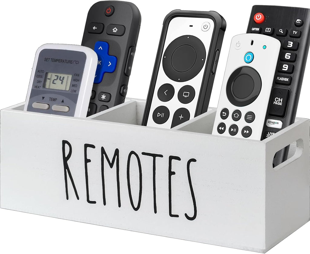 Remote Control Holder for Table, Wooden TV Remote Holder, Remote Storage Box Organizer, Remote Caddy for Bedside, Couch- White (3 Compartments)