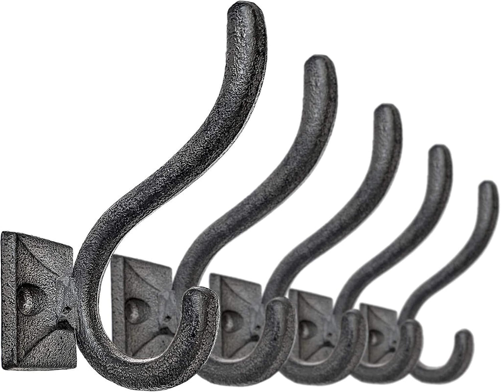 Ambipolar 5-Pack Antique Black Wall Hooks, Vintage Modern Farmhouse Style, Decorative Cast Iron Wall-Mounted Hooks, Heavy Duty Hooks for Mudroom, Bedroom, Hallway