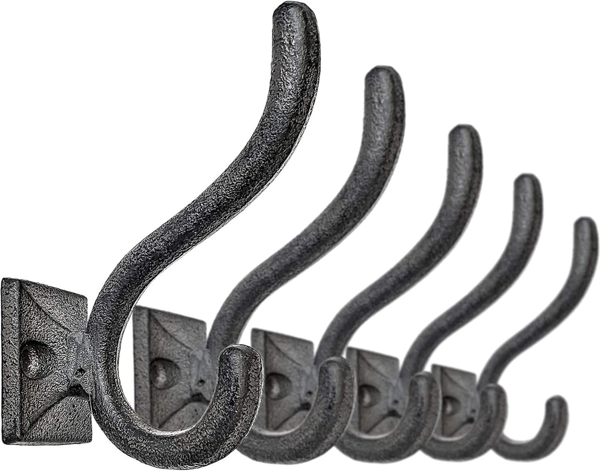 Ambipolar 5-Pack Antique Black Wall Hooks, Vintage Modern Farmhouse Style, Decorative Cast Iron Wall-Mounted Hooks, Heavy Duty Hooks for Mudroom, Bedroom, Hallway