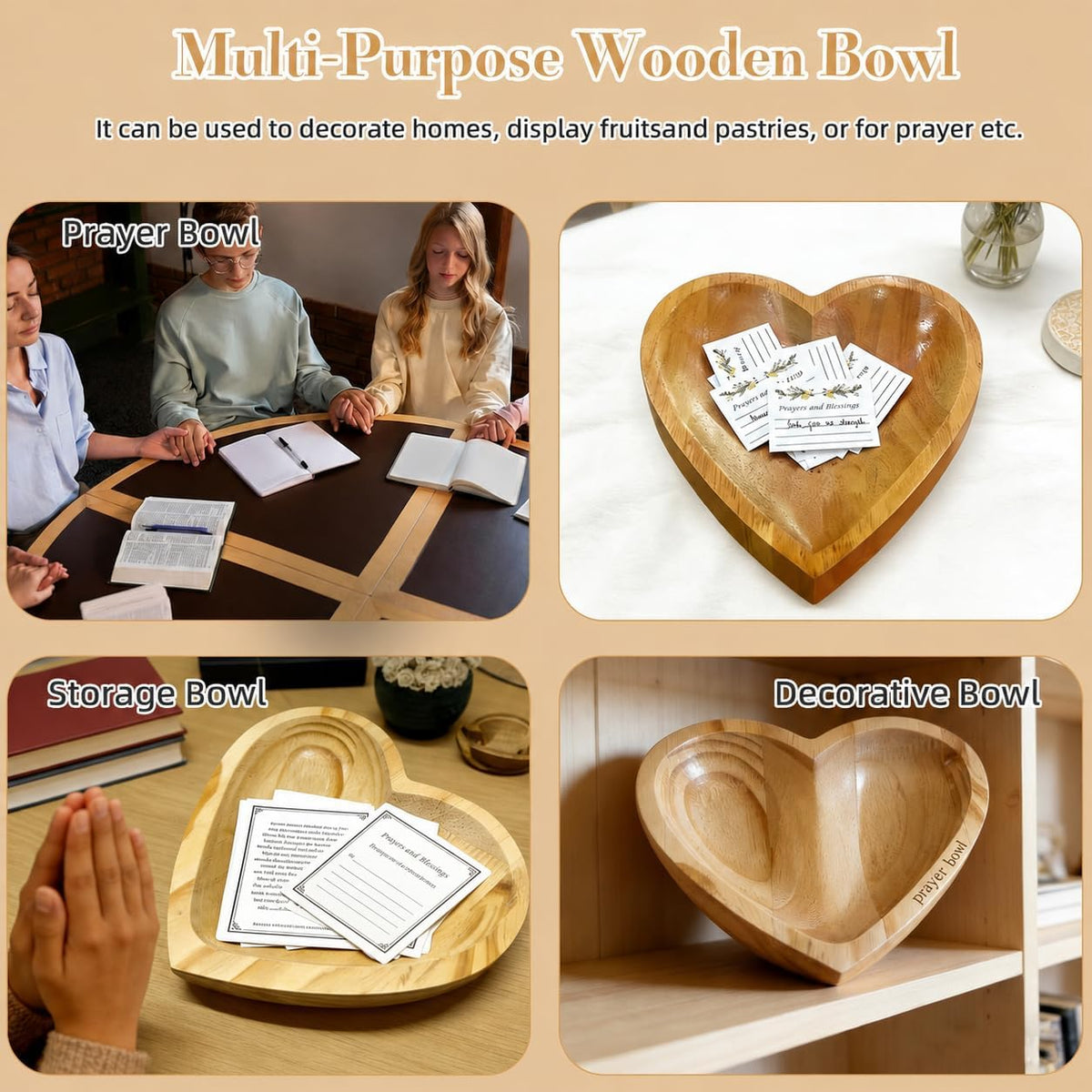 Prayer Bowl Wooden with 24 Prayer Cards,Heart Shaped Decor Prayer Bowl,Religious Gift for Women,Mom, Dad, Daughter or Husband,Christian Easter Gifts for Mom,Men