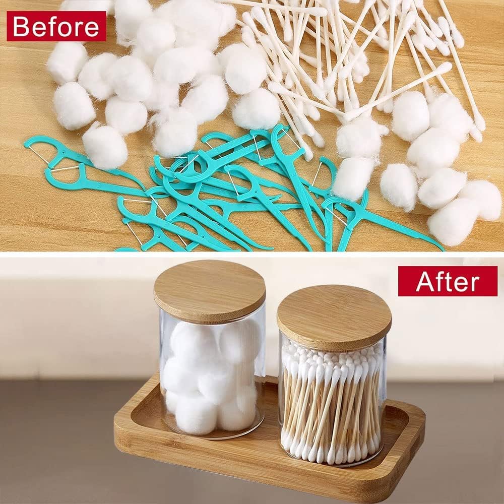 BKYFPQ Glass Qtip Holder Dispenser with Bamboo Vanity Tray