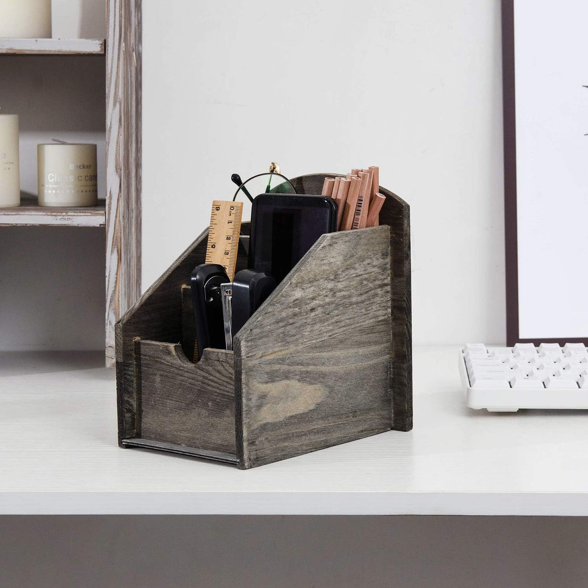 3 Slot Rustic Wooden Remote Control Frame Media Organizer,Office Supply Storage,Magazine Pen Holders (Rock grey)