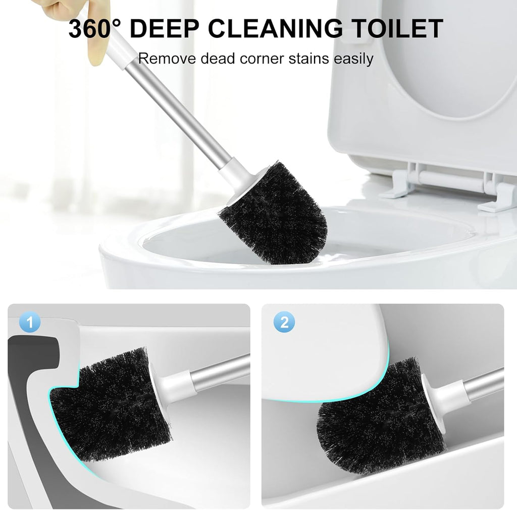 SetSail Toilet Brush and Holder, Self Closing Lid Toilet Bowl Brushes Holder and Extra Long Handle Ventilated Toilet Brush Set for Bathroom Cleaning, Nylon Bristles, White & Grey