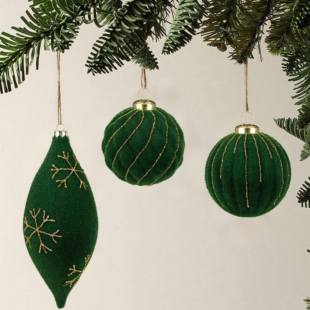12PCS Velvet Christmas Ornaments Balls 3.15/6.6 Inch Flocked Ornament Sets Glitter Balls for Xmas Hanging Ornaments Decoration Wedding Party Holiday Decor - Evergreen Green