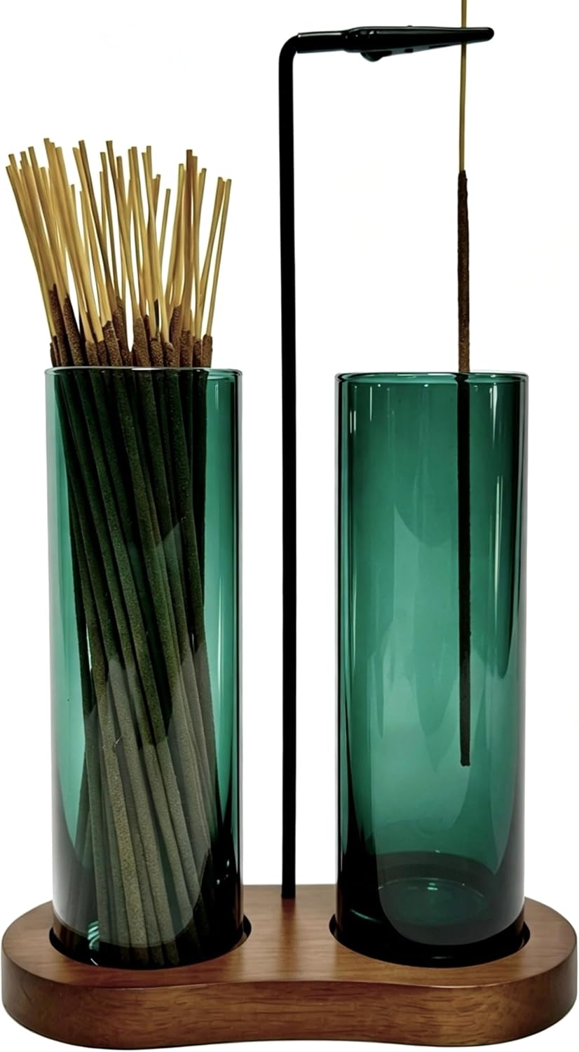Emerald Green Incense Holder, Incense Sticks Burner Holder with Storage,Hang Upside Down Incense Holder for Sticks with Glass Ash Catcher for Room Decor (Dark Emerald)