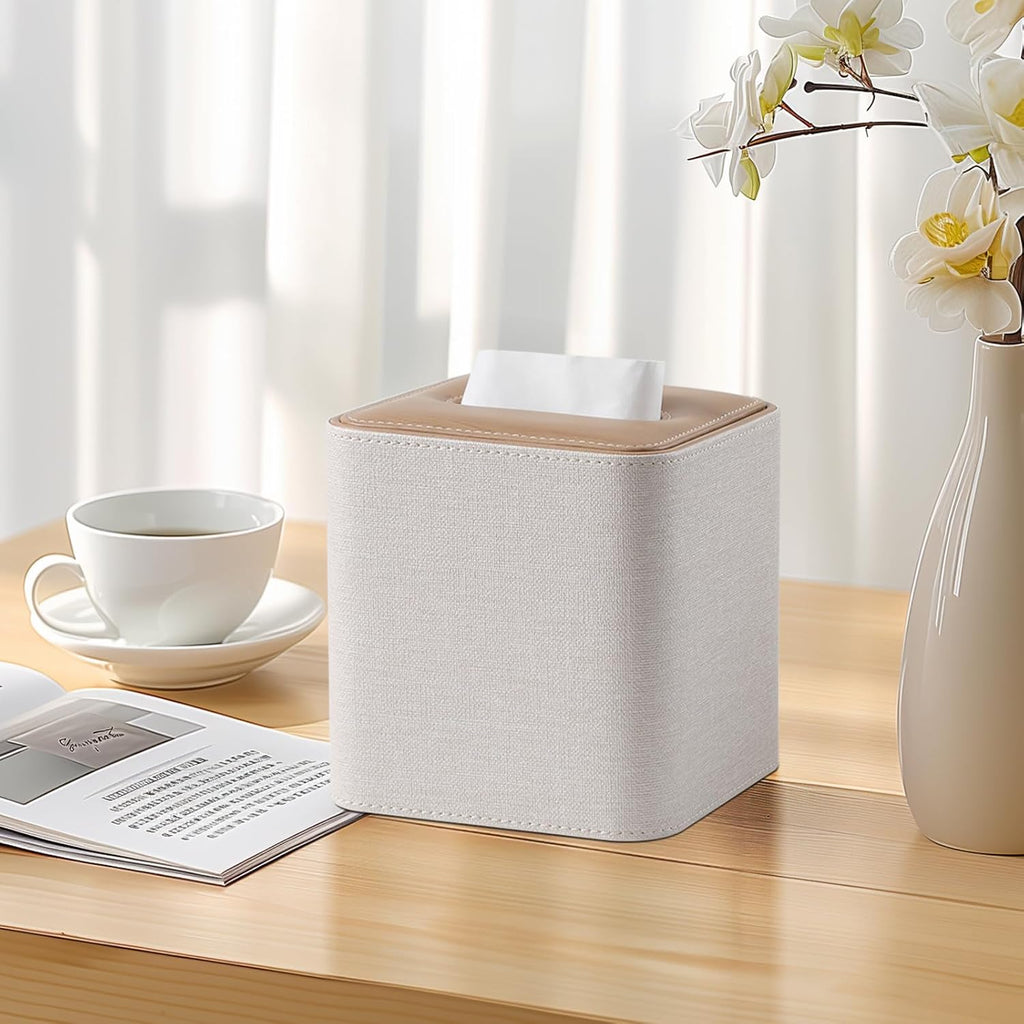 Square Tissue Box Cover PU Leather Tissue Box Holder Cube (Linen)