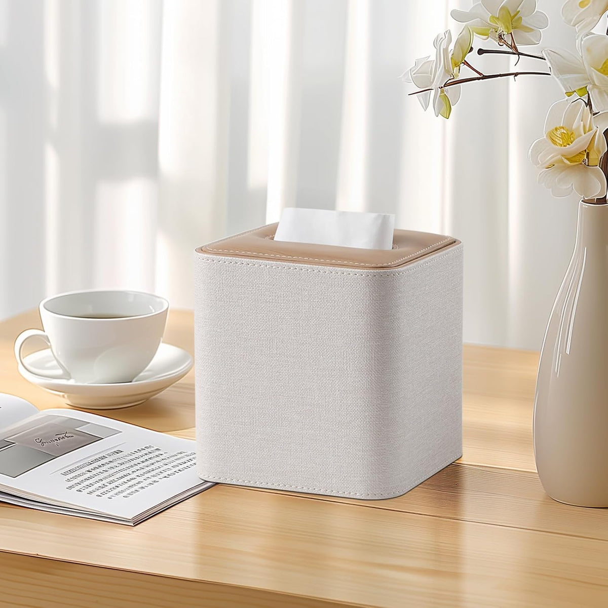 Square Tissue Box Cover PU Leather Tissue Box Holder Cube (Linen)