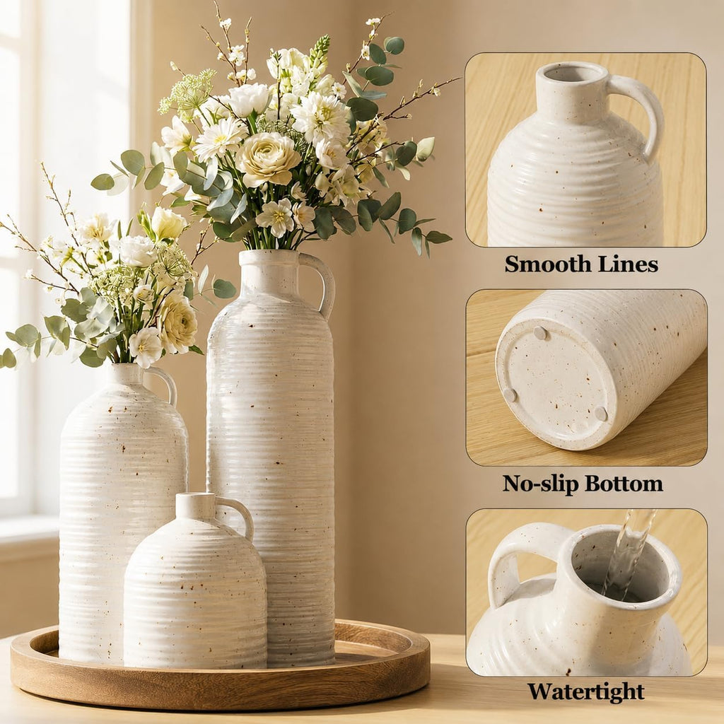 Firehold Ceramic Vase Set of 3 with Handles, Rustic Farmhouse Flower Vases