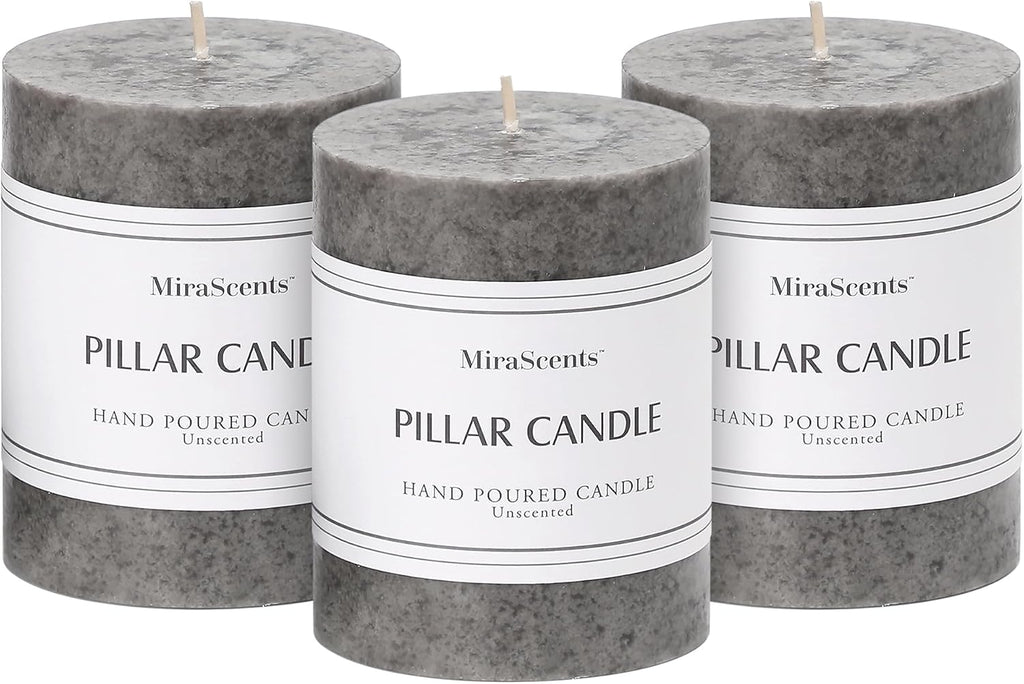 3x4 Inch Grey Pillar Candles Set of 3, Hand-Poured Unscented Pillar Candles