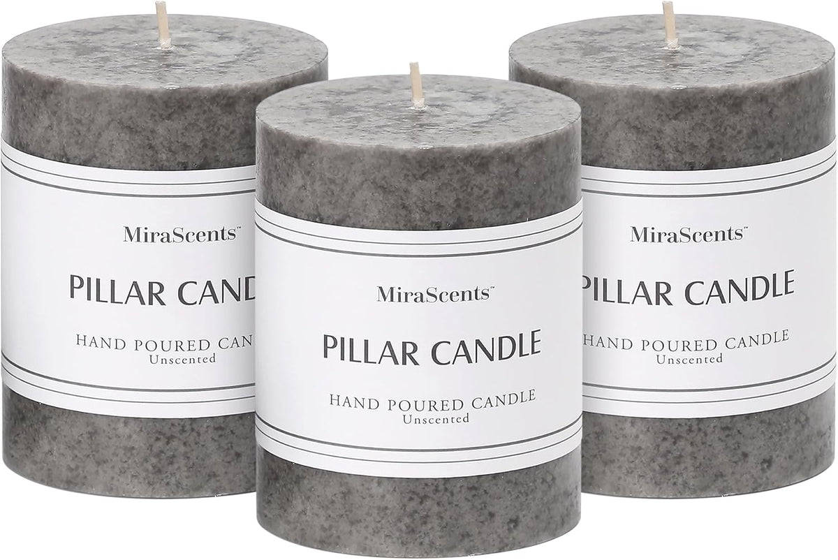 3x4 Inch Grey Pillar Candles Set of 3, Hand-Poured Unscented Pillar Candles