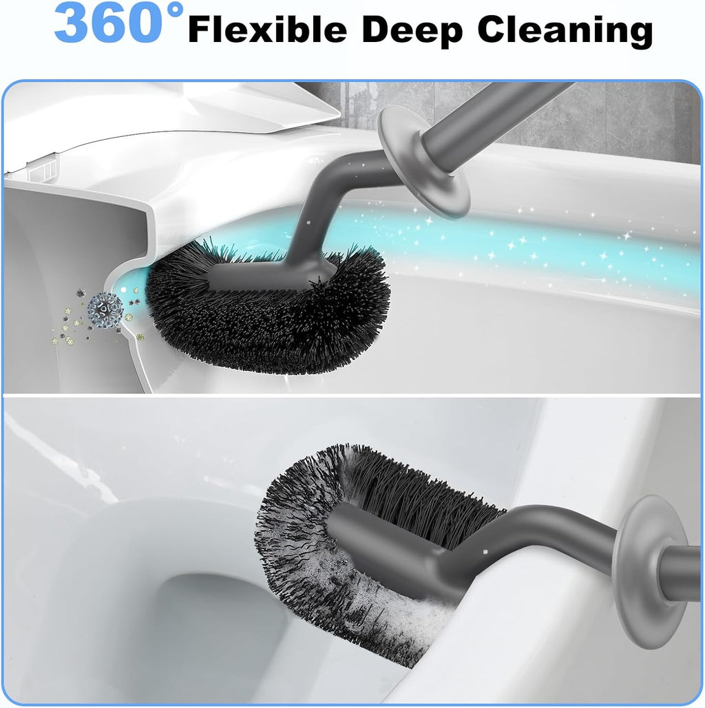 HAMITOR Toilet Bowl Brush Holder Set: Curved Design with Holder for Deep Cleaning Under Rim - Compact Hidden Cleaner Scrubber for Small Space - Home RV Bathroom Accessories - Gray 2 Pack