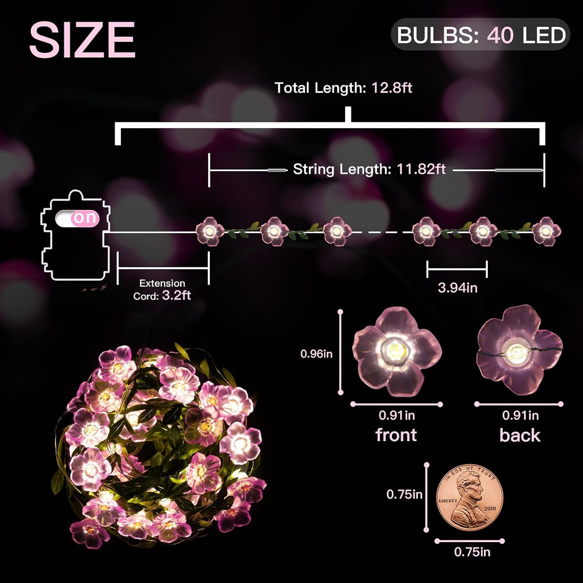 suddus 40 LED 12.8 ft Cherry Blossom Vine Lights Battery Powered with Timer
