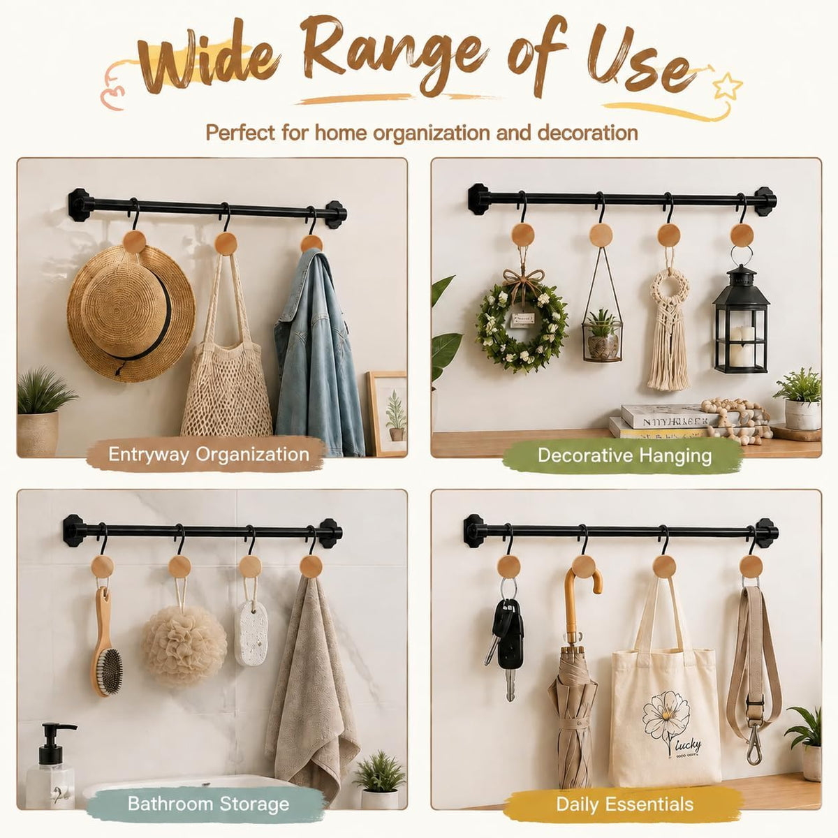 Wood Shower Curtain Hooks with Black Metal Rings, Set of 12 Decorative Hardware for Bathroom Rods