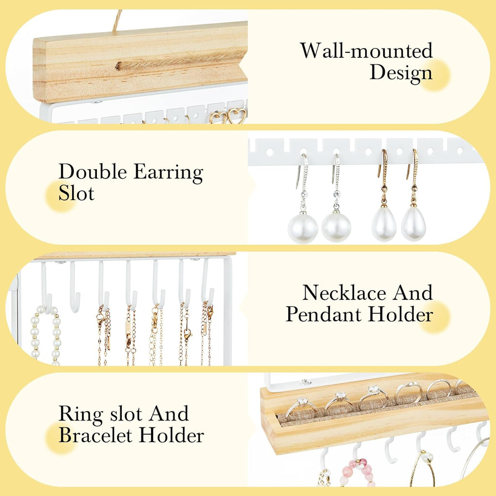 Feyejade Hanging Jewelry Organizer and Storage, 5-Tier White Earring Necklace Holder Jewelry Display Organizer Stand Rack, Wall Mounted for Earrings Necklaces Bracelets and Rings, White