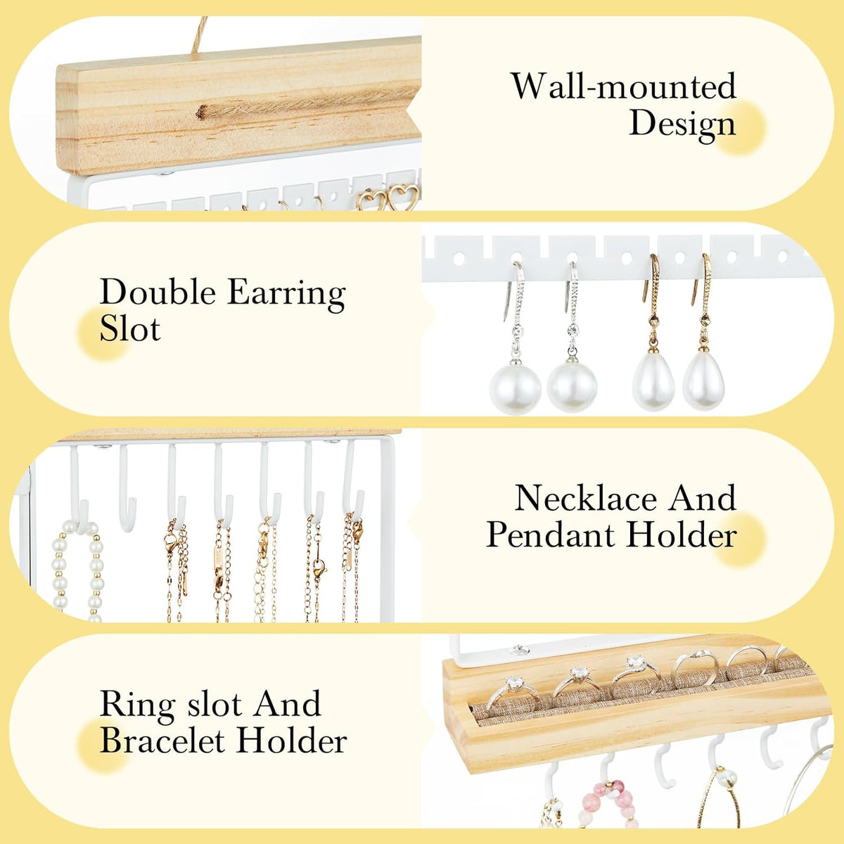 Feyejade Hanging Jewelry Organizer and Storage, 5-Tier White Earring Necklace Holder Jewelry Display Organizer Stand Rack, Wall Mounted for Earrings Necklaces Bracelets and Rings, White