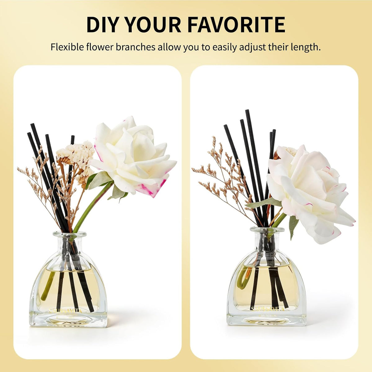 Reed Diffusers Set Jasmine&Lily Scented Diffuser for 140 Days, Flower Diffuser 8.5 fl oz with Dried Flowers and Decorative Rose, Long Lasting Home Fragrance 10 Sticks for Bedroom, Shelf, Office Decor