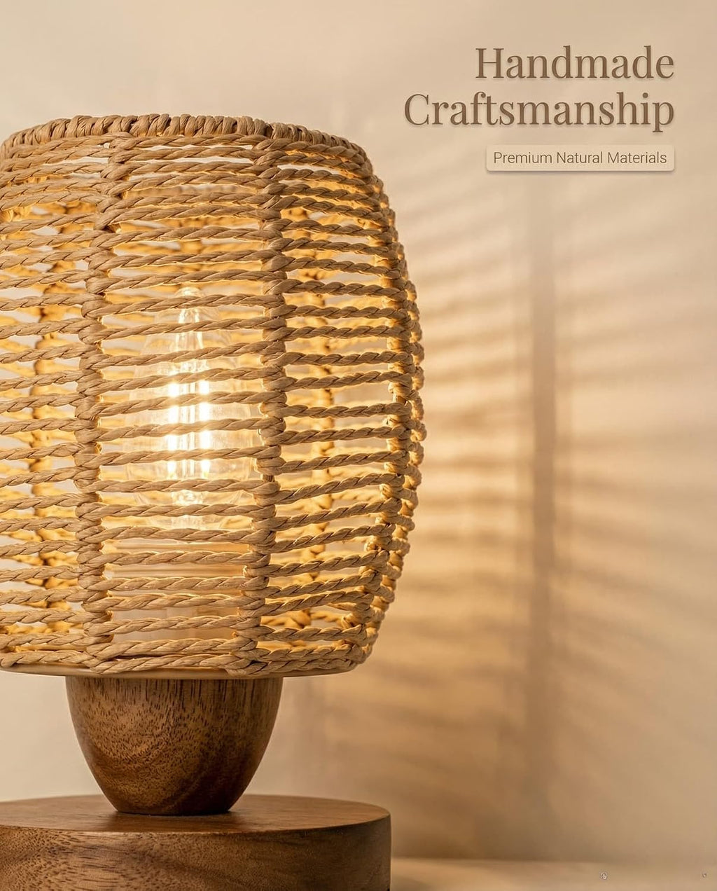 Rattan Table Lamp,Boho Small Beside Lamp,Farmhouse Table Lamp for Room Decor,Vintage Wicker Wooden Nightstand Bamboo Woven End Table Lamps for Bedroom Living Room Desk Kids Room,LED Bulb Included