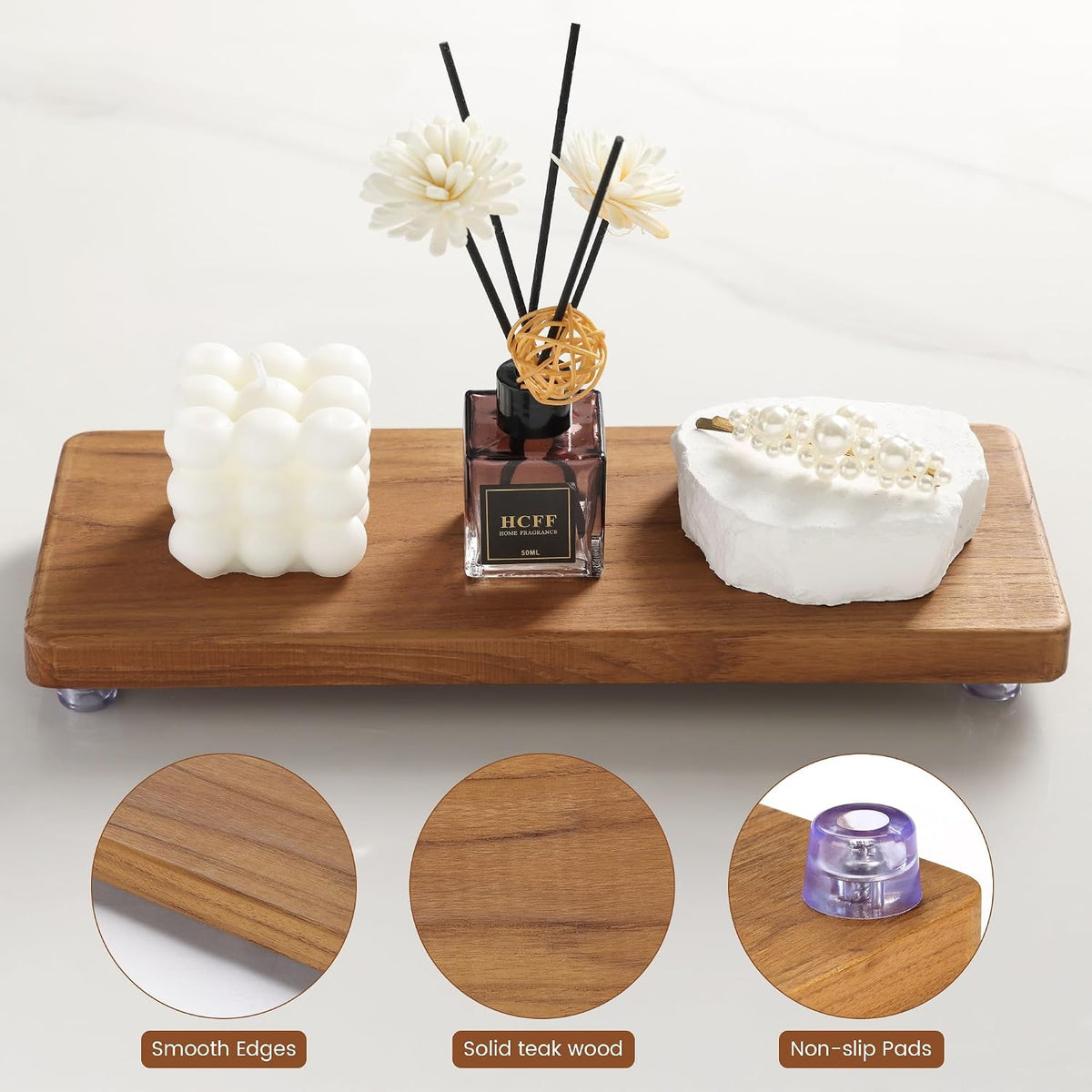 Solid Teak Wood Riser Tray, 12.6x5 inch Whole-Piece Teak Pedestal Stand, Vintage Rustic Bathroom Soap Dish Holder for Vanity Counter Sink, Candle Plant Essential Oil and Yacht Display, Brown L1