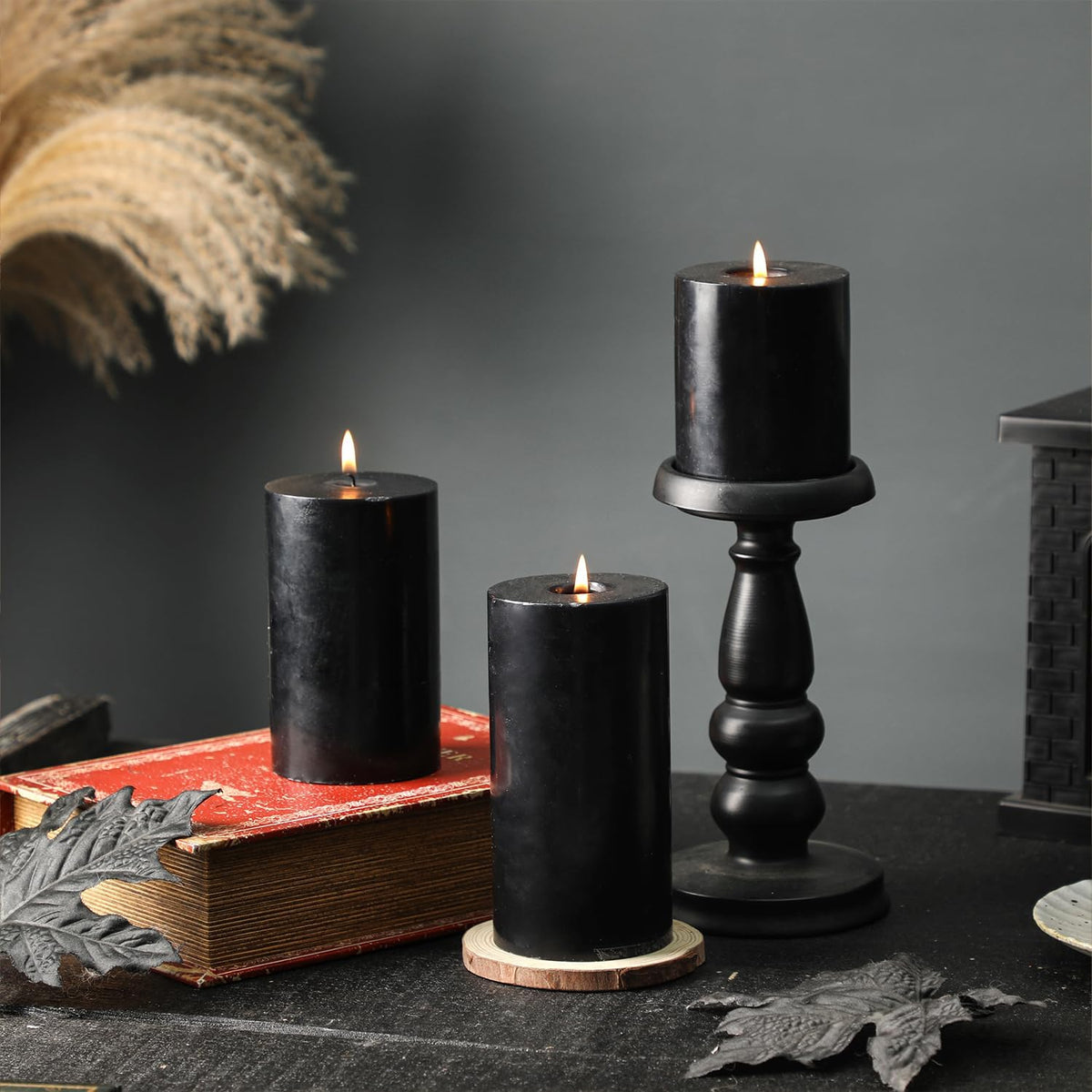 Black Pillar Candles Set of 3, Black Candles for Punk Decorations, Width 3" High 4" 5" 6" Unscented Smokeless Soy Wax Candle, Suitable for Gothic, Industrial, Minimalist and Dark Style Candle